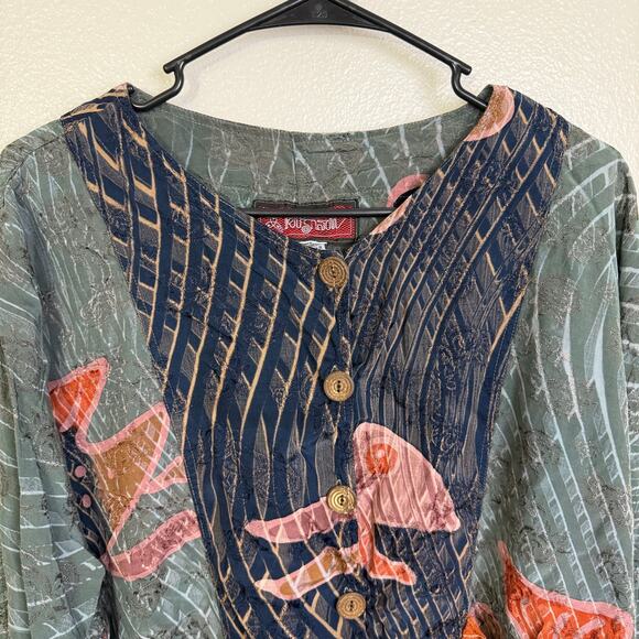 Kusnadi Top Womens Long Sleeve Button Up Fish Art Lagenlook Colorblock Handmade - Picture 10 of 12